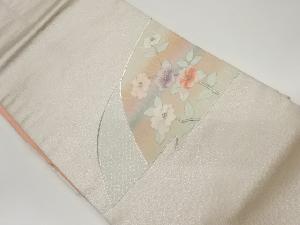 リサイクル　銀駒刺繍流水に花々・亀甲模様名古屋帯